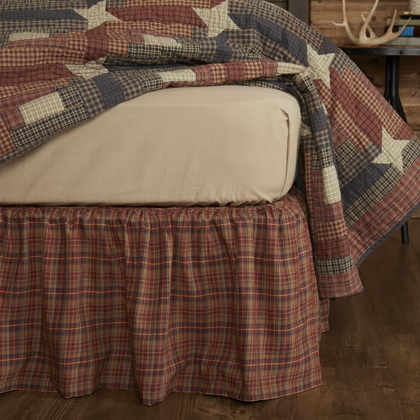 TACOMA Queen Bed Skirt Dust Ruffle Red/Creme/Green Plaid Cotton Lodge VHC Brands TACOMA Queen Bed Skirt Dust Ruffle Red/Creme/Green Plaid Cotton Lodge VHC Brands